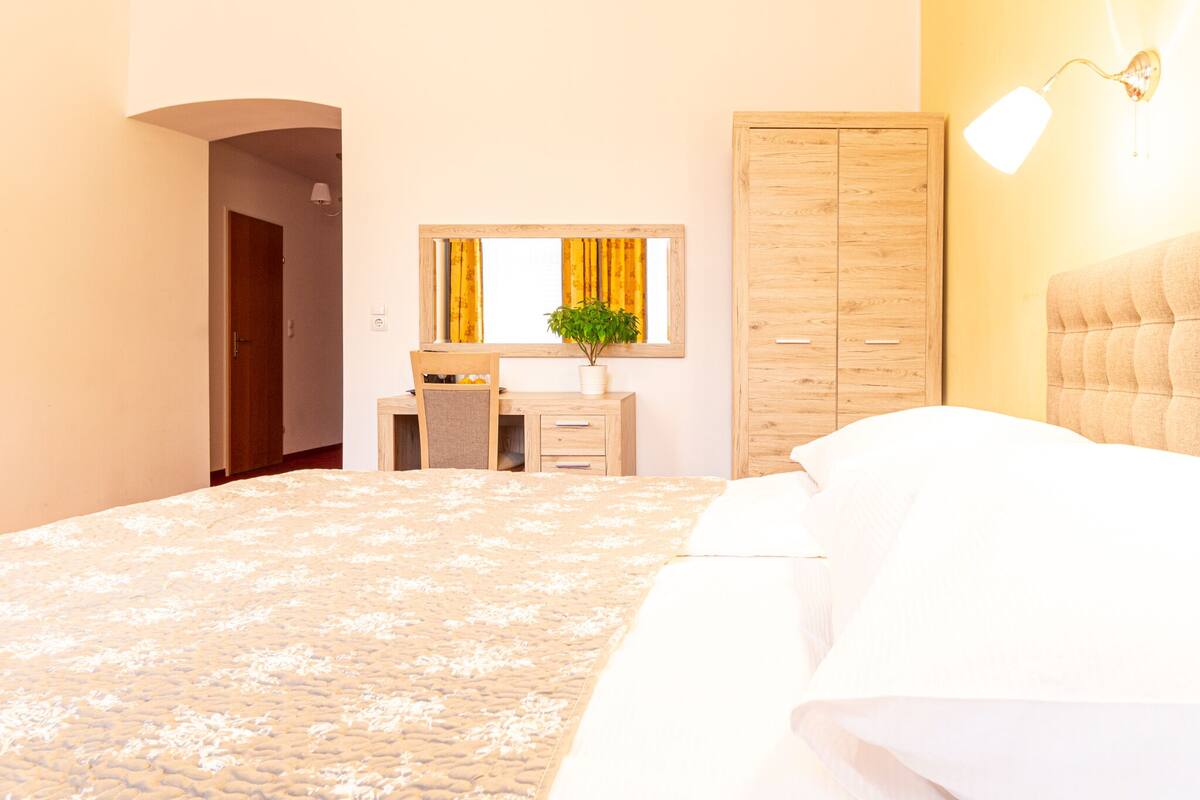 A hotel room with a bed, a desk with a chair, a mirror, and a wardrobe.