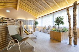 Un área de espera moderna con sillones de descanso, un mostrador de recepción de madera y una planta grande.
