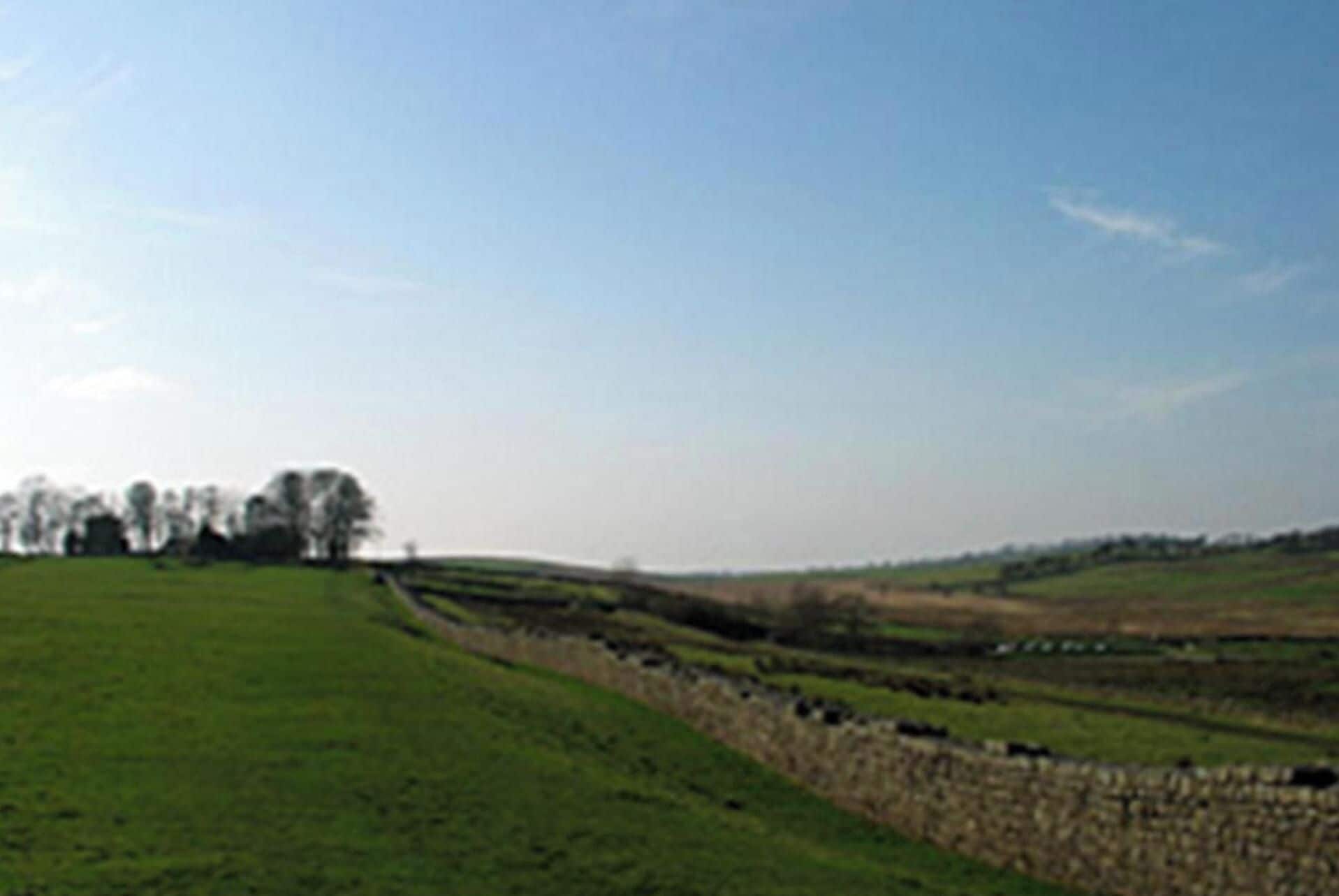 A rural landscape with a stone wall and a green field.