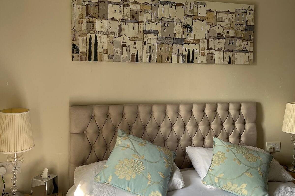 A bedroom with a bed, two pillows, a nightstand, a lamp, and a wall art piece.