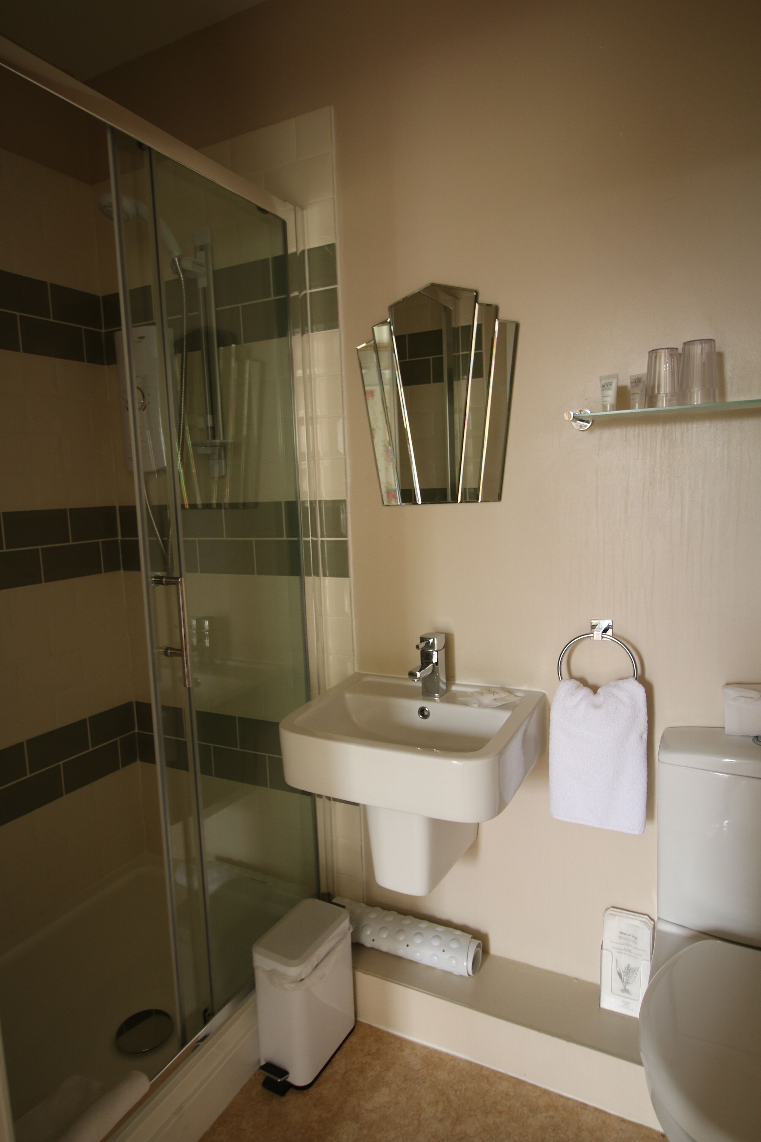 A bathroom with a glass-enclosed shower, a sink, a toilet, and a mirror.