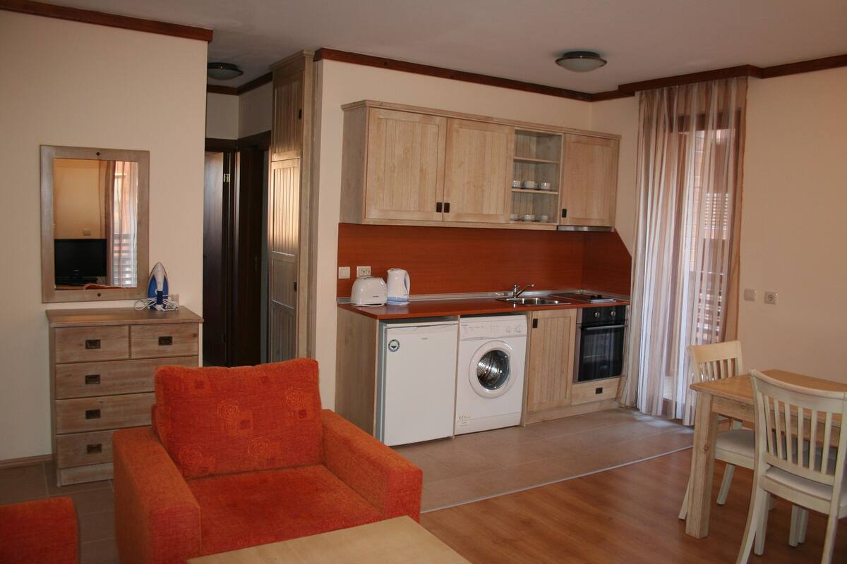 A compact living space with a kitchenette, a washing machine, a dining area, and a sofa.