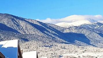 A town with snow-covered buildings and mountains in the background.