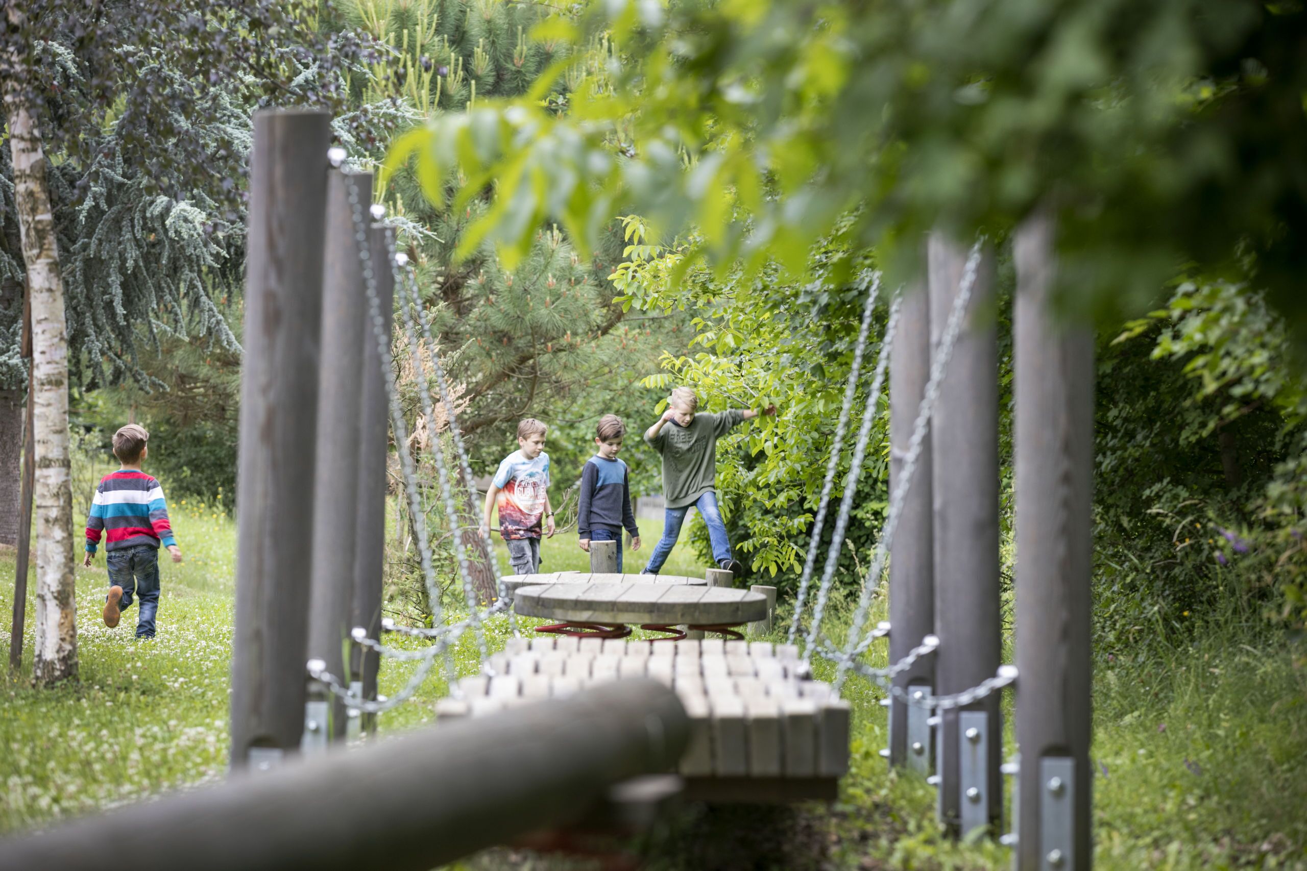 A group of people on a wooden bridge in a forested area.