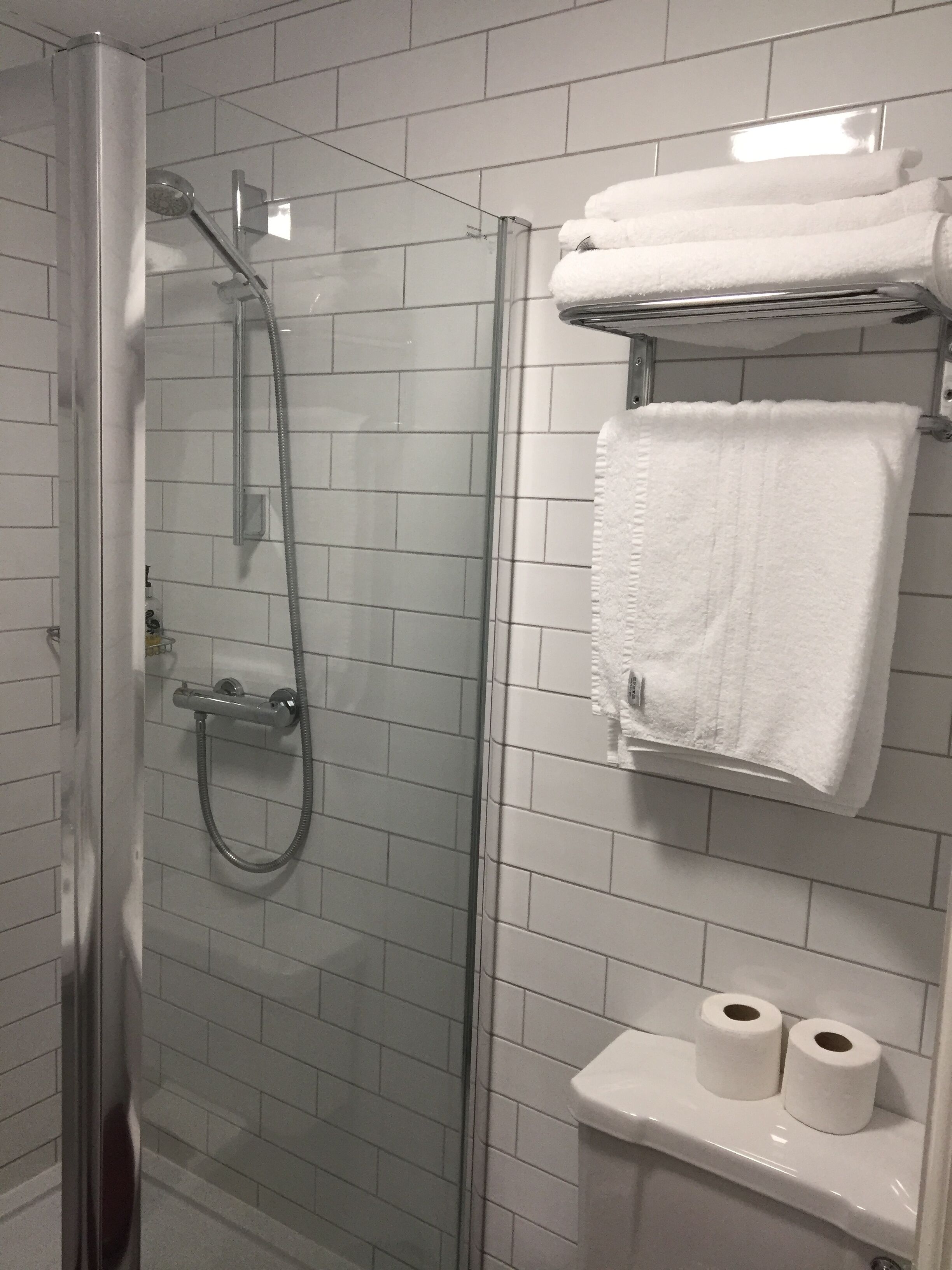Zona de ducha con puerta de vidrio, ducha de mano y toallero con toallas dobladas. Hay dos rollos de papel higiénico en un estante.