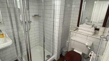 A modern bathroom with a glass-enclosed shower, a white sink, and a toilet.
