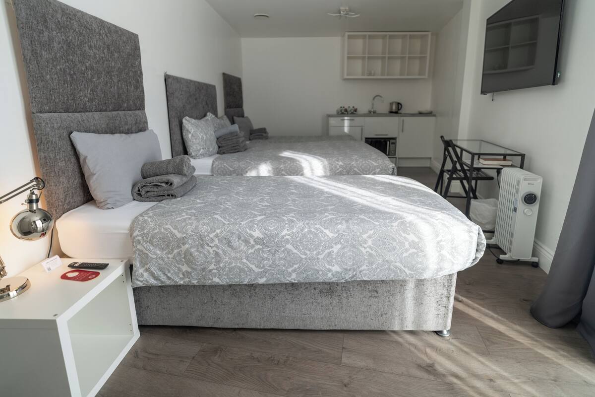 A modern bedroom with two beds, a desk, and a kitchenette.
