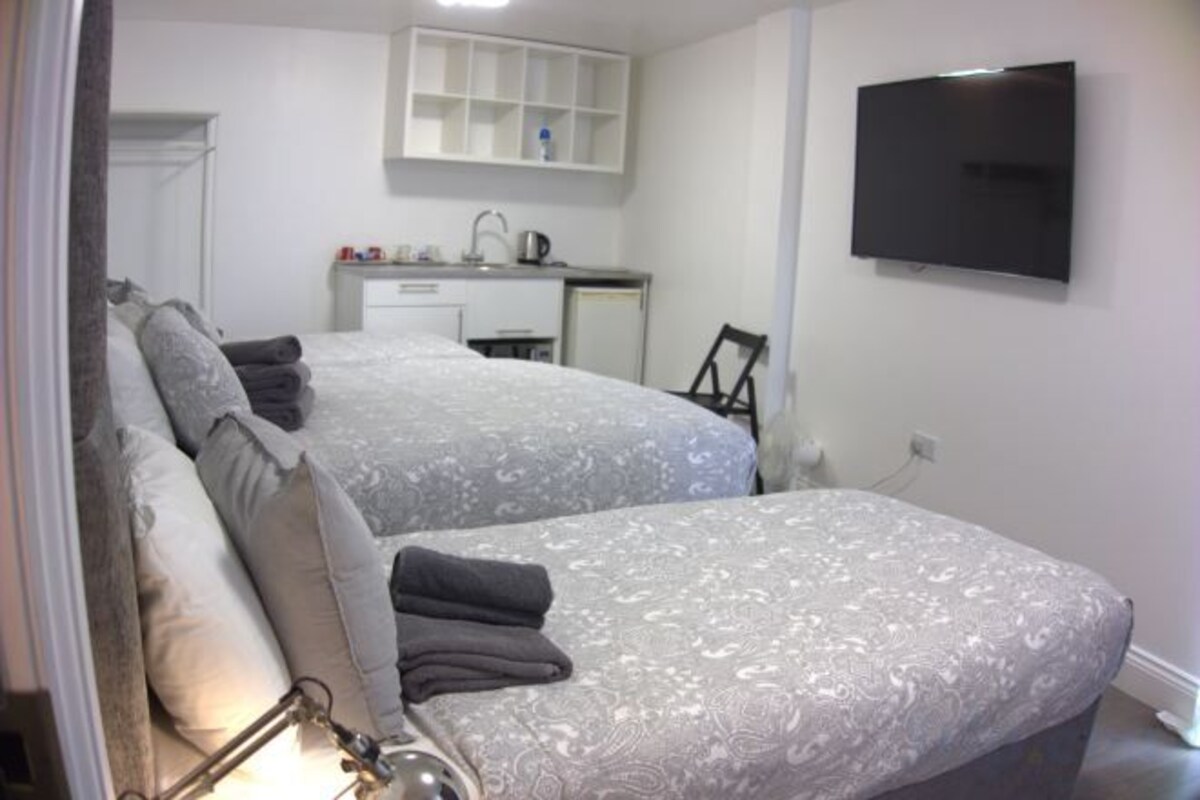 Habitación de hotel con dos camas, un escritorio, una silla, televisión y una kitchenette pequeña.