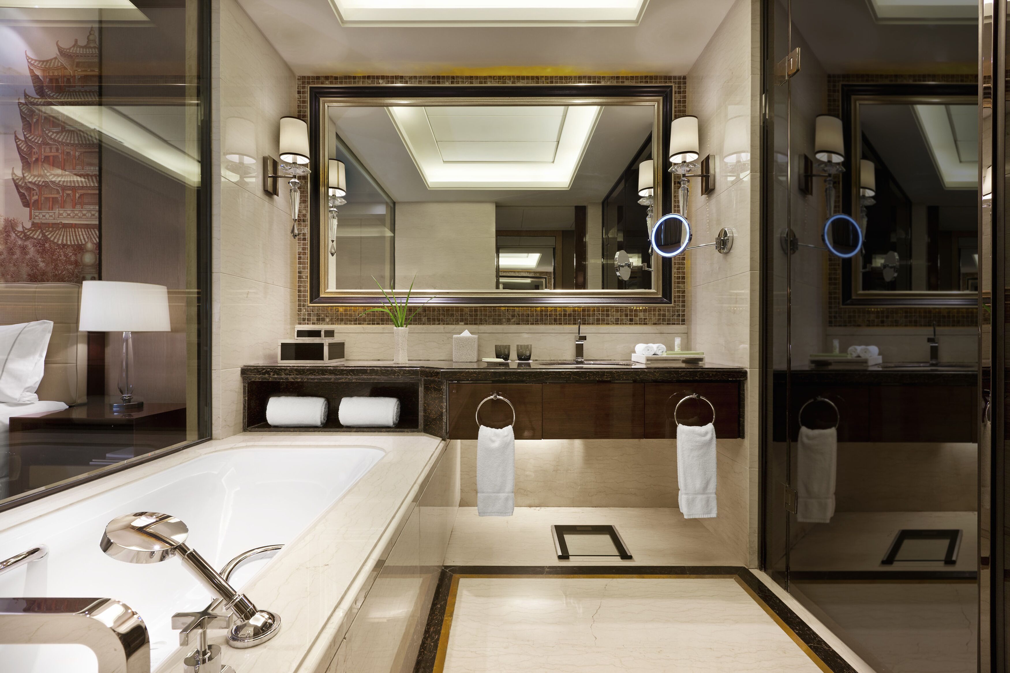 separate bathtub and shower, rainfall showerhead, free toiletries