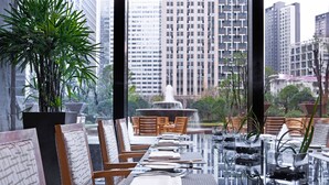 Un restaurant avec une longue table dressée pour le dîner, une grande plante en pot et, en arrière-plan, une vue sur de hauts immeubles et une fontaine.
