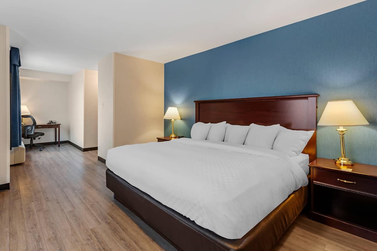 Habitación de hotel con una cama grande, dos mesitas de noche con lámparas, un escritorio con una silla y una pared azul decorativa.