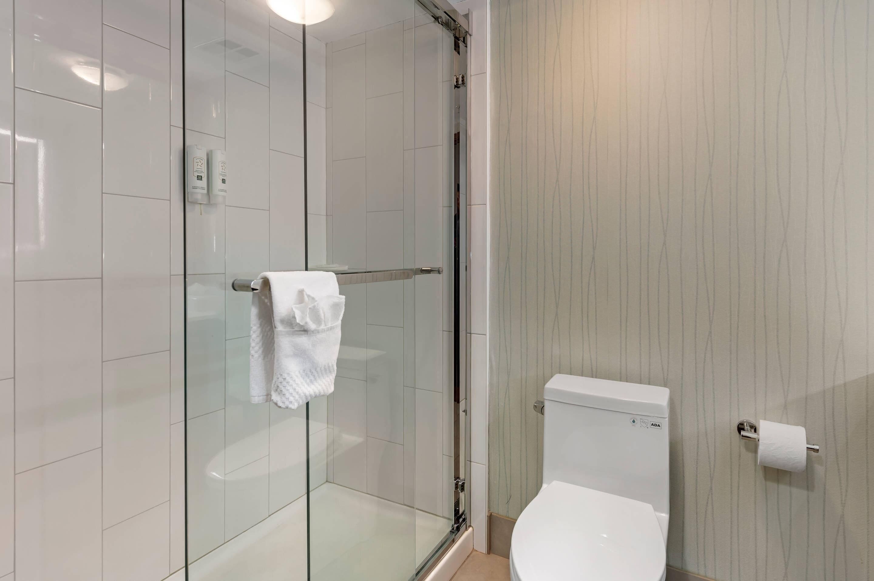 A modern bathroom with a glass shower enclosure, a toilet, and a towel rack.