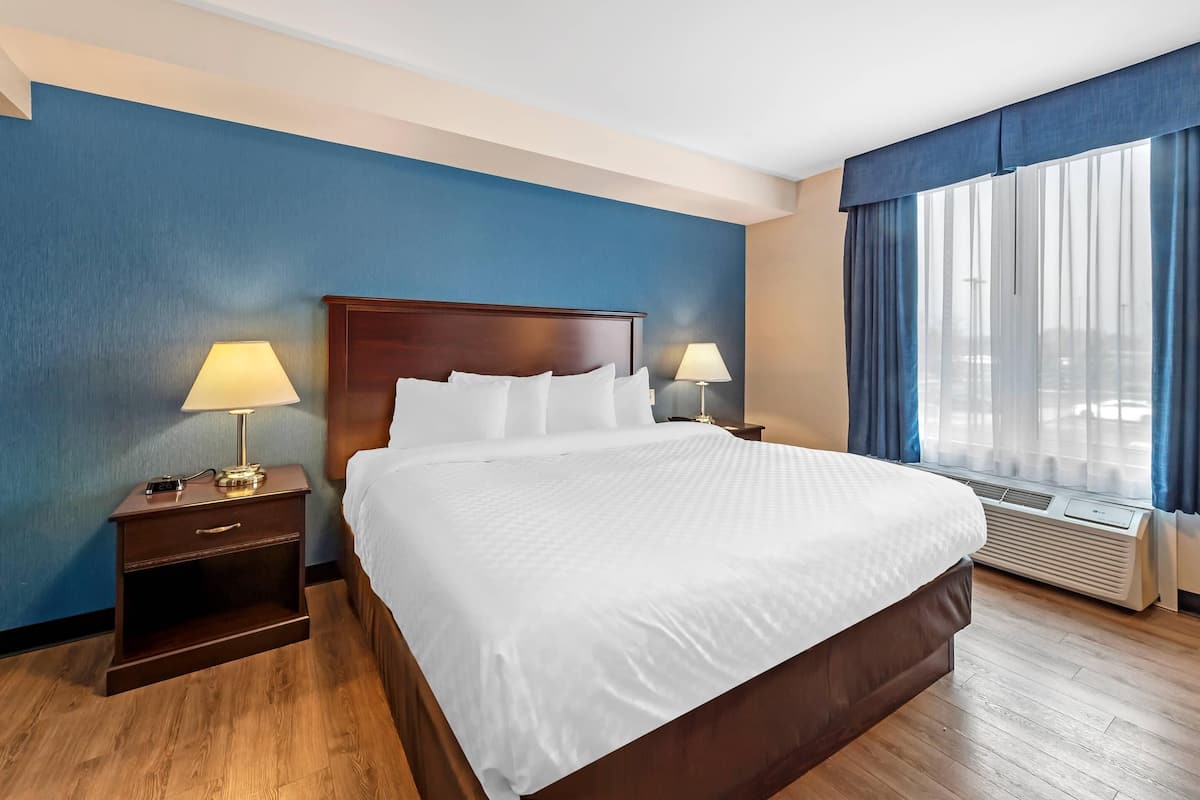 Habitación de hotel con una cama grande, dos mesitas de noche con lámparas, una ventana con cortinas y un equipo de aire acondicionado.