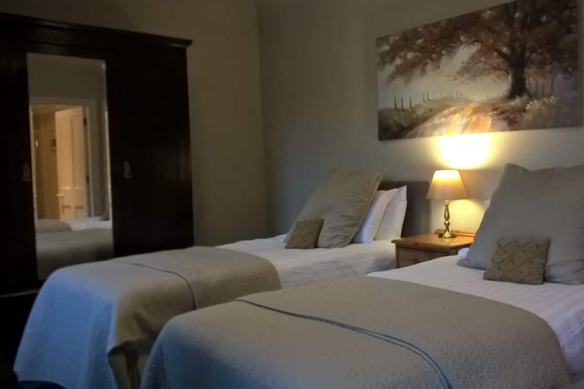 Une chambre d’hôtel avec deux lits, une table de chevet avec une lampe, un tableau au mur et un miroir.