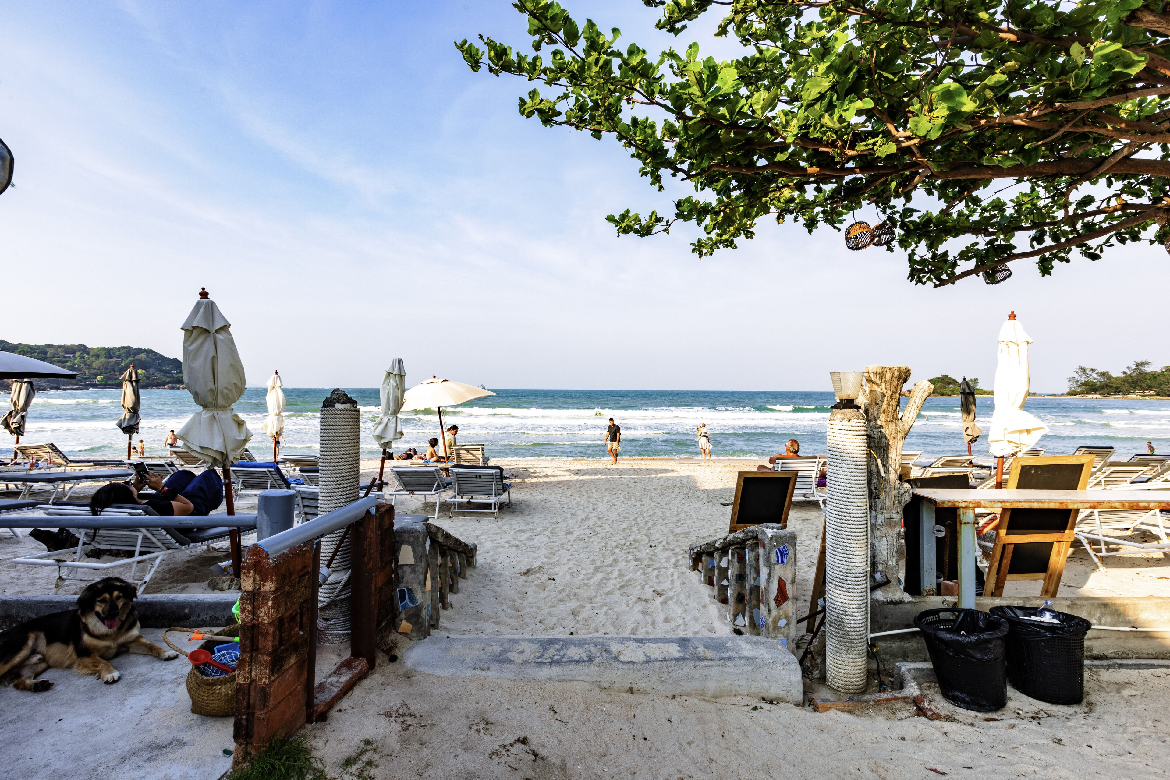 A beach with sun loungers, umbrellas, and a view of the sea.