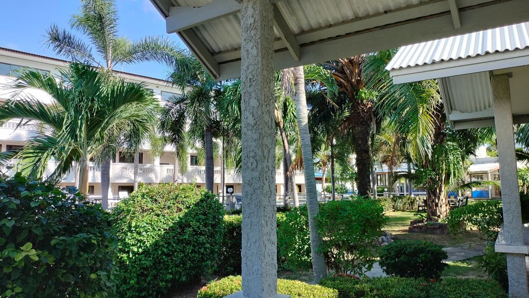 Een resort binnentuin met palmbomen, een overdekte doorgang en een zwembad.