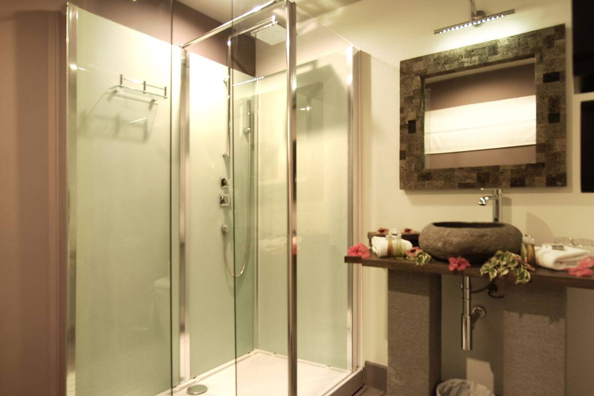 double room, lagoon view | bathroom | shower, free toiletries, towels