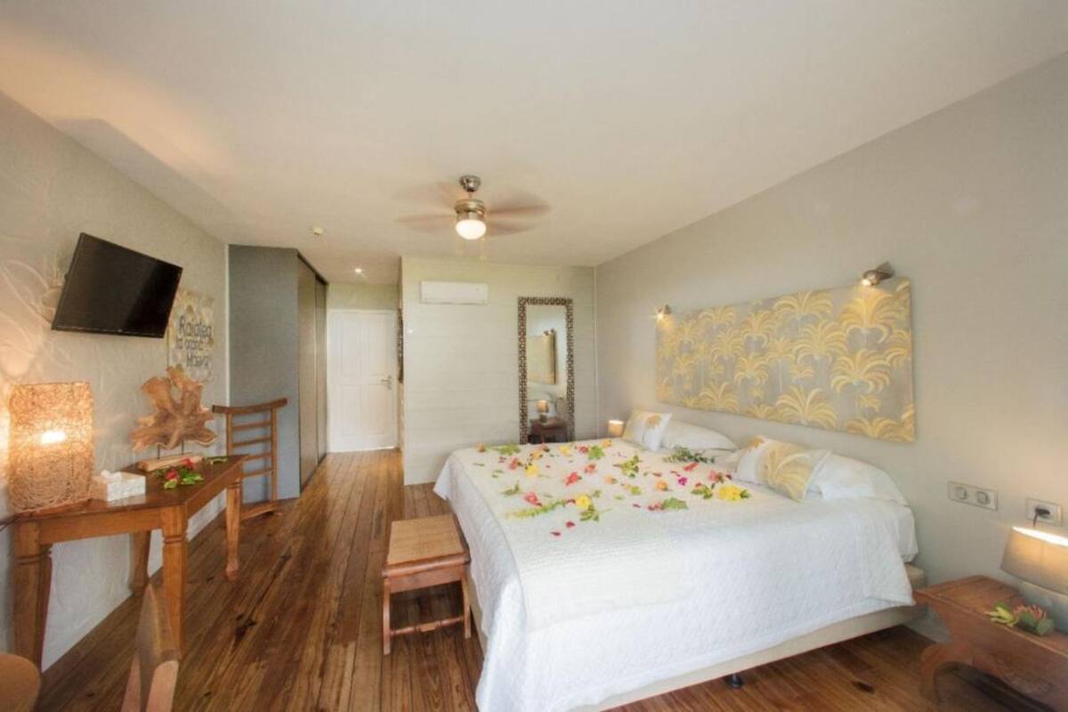 A bedroom with a bed, a desk, a chair, a television, and a ceiling fan.