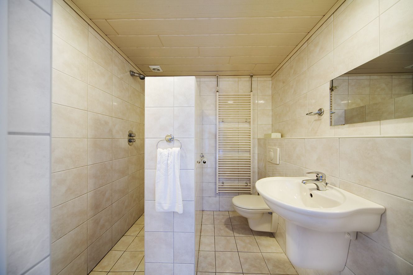 Un baño con inodoro, lavabo y zona de ducha.