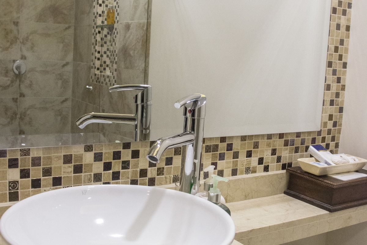 shower, rainfall showerhead, free toiletries, hair dryer