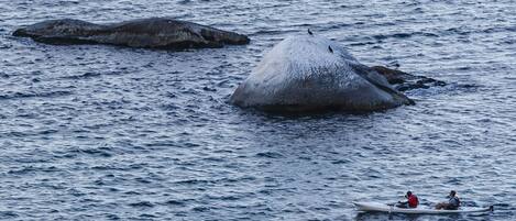 A large rock formation in the ocean with two people on a small boat nearby.