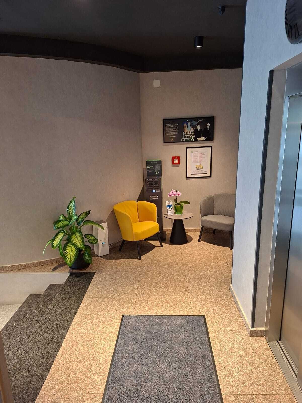 A reception area with a yellow armchair, a grey sofa, a small round table with a potted plant, and a framed picture on the wall.