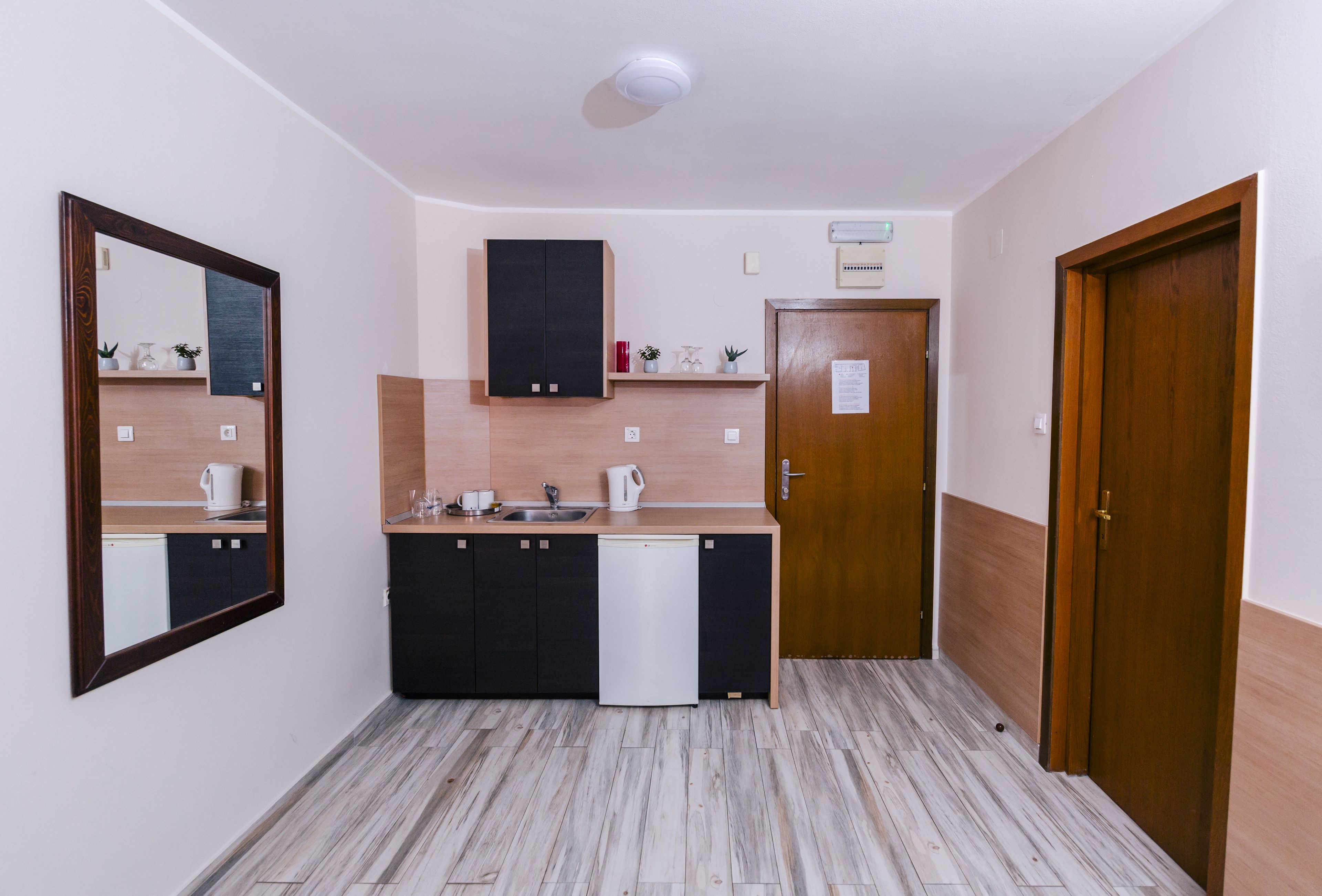 A compact kitchen with a dishwasher, a sink, and a mirror. There is a wooden door and a small shelf with decorative items.