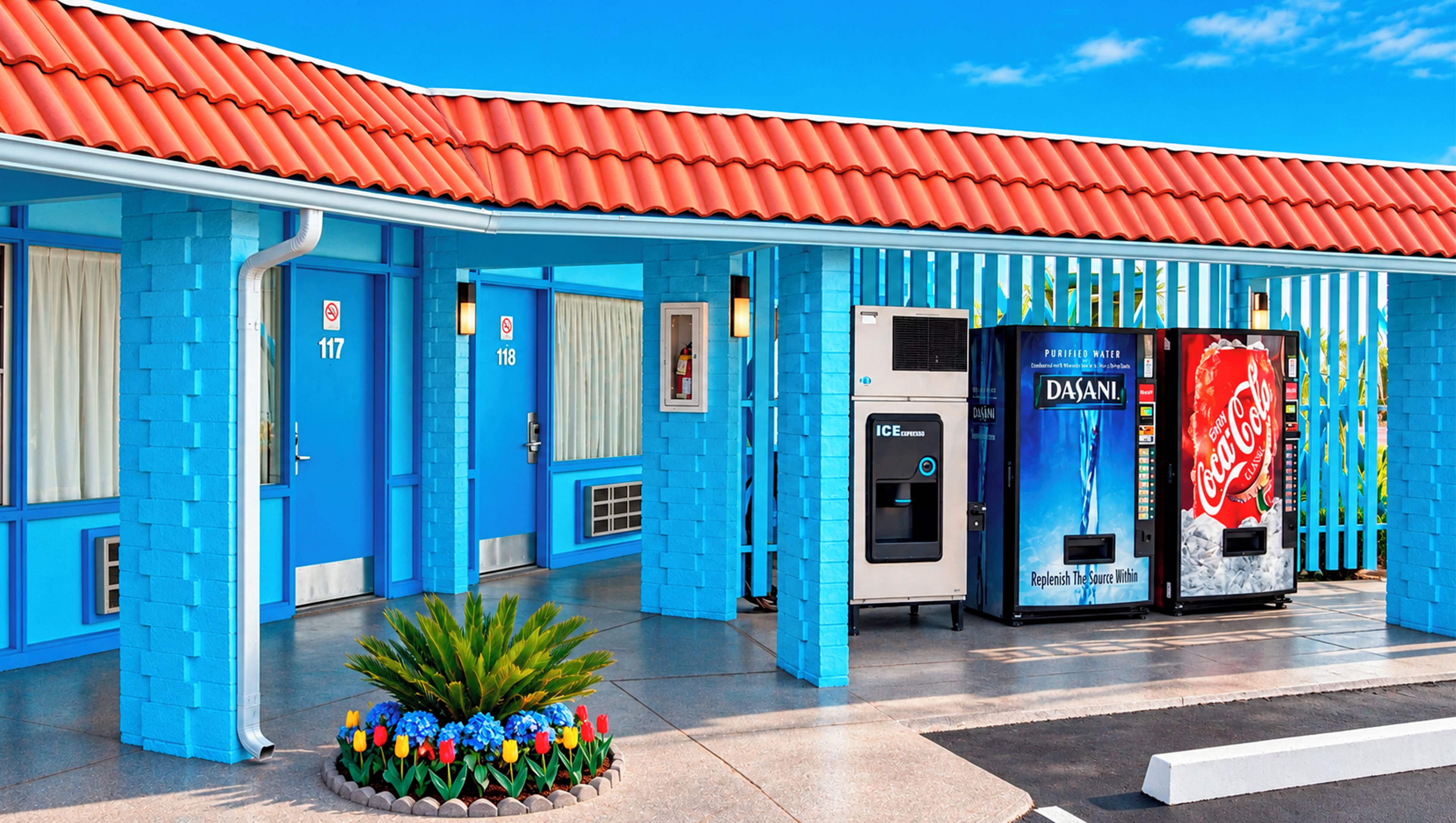 A building with a red roof and blue walls, featuring a Coca-Cola vending machine and an ice dispenser.