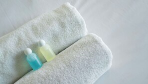 Hair dryer, towels, soap, shampoo