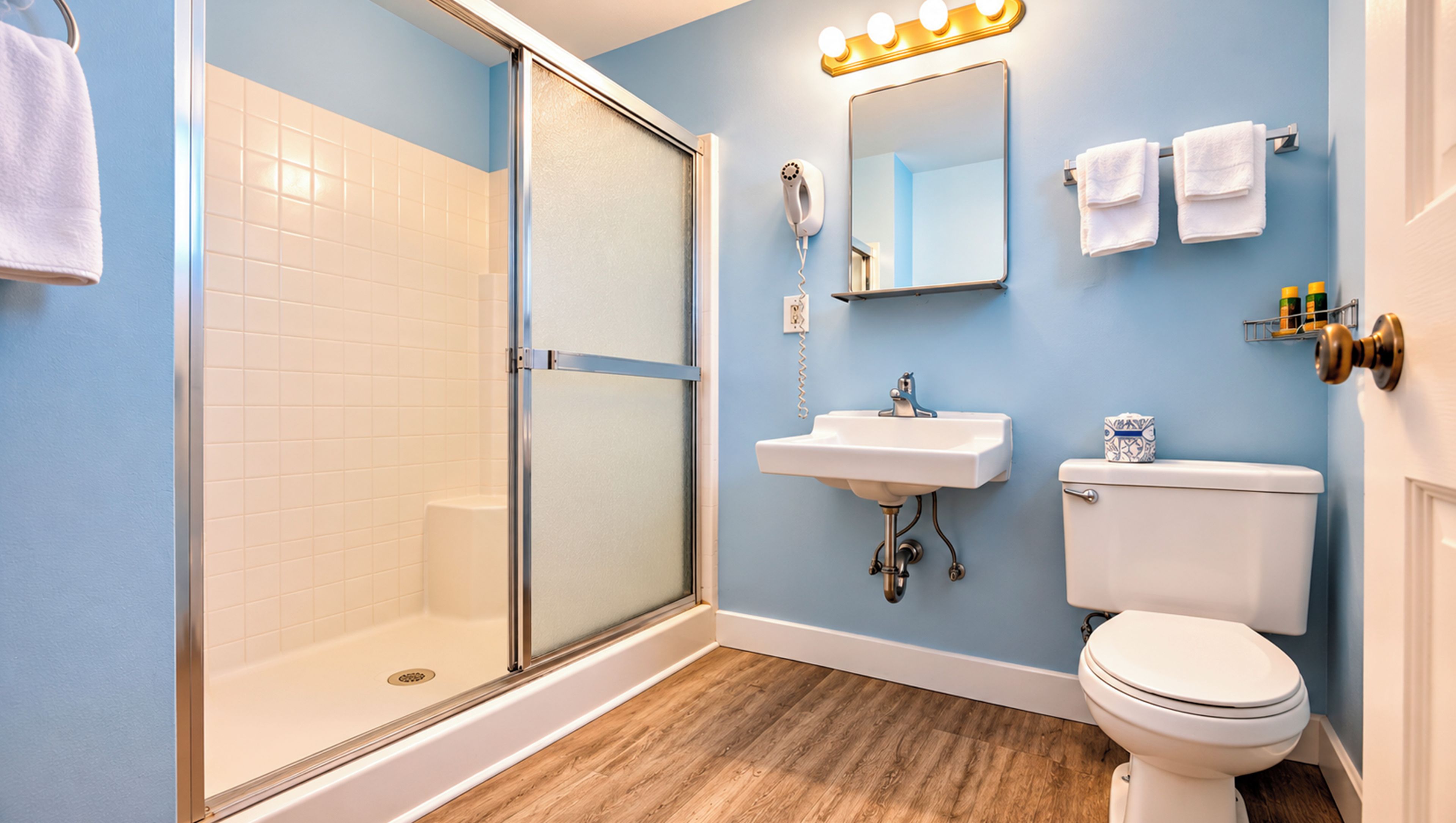 A bathroom with a glass shower enclosure, a sink, a toilet, and a vanity mirror with lights.