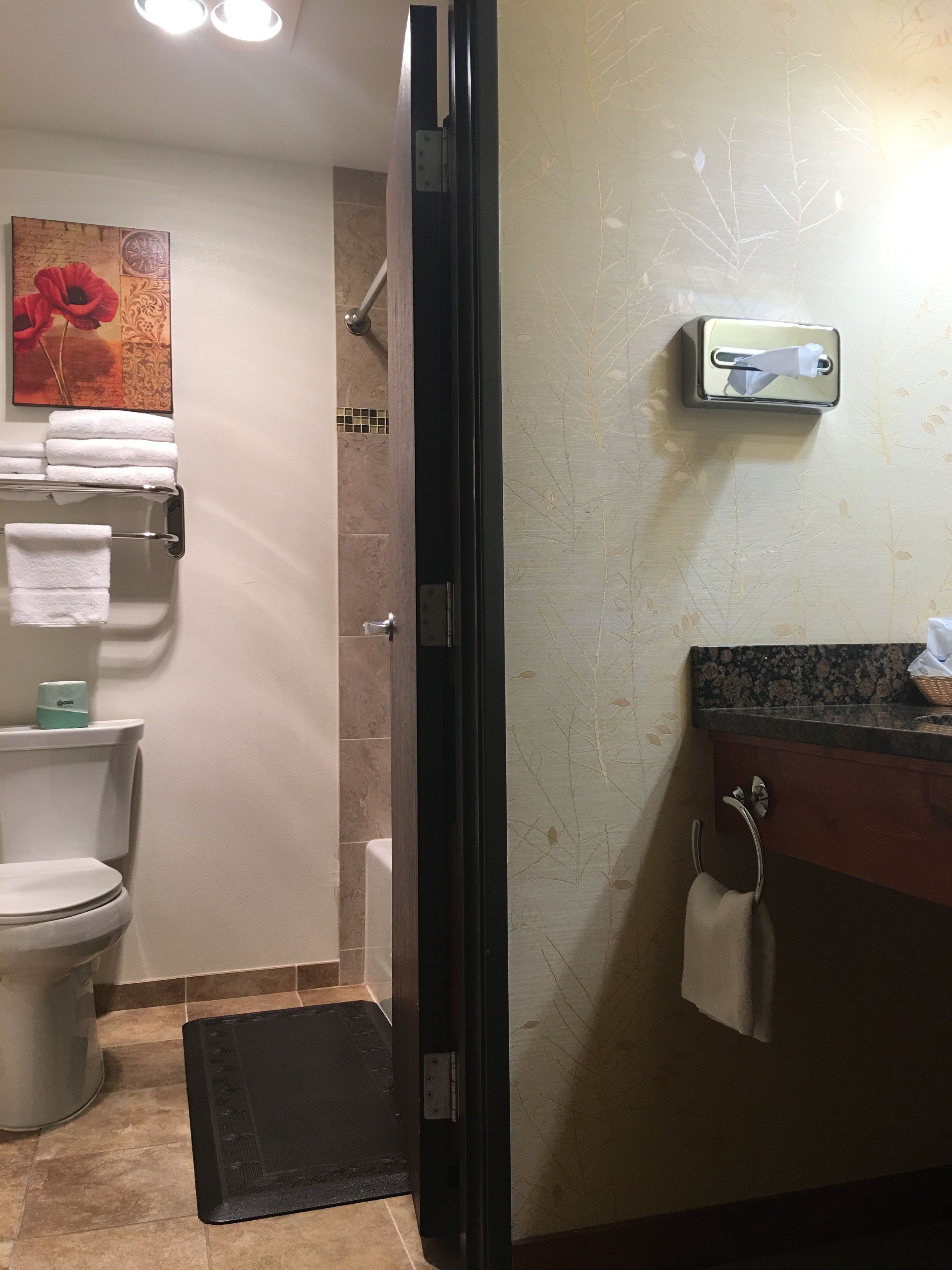 Un baño con inodoro, toallero con toallas dobladas, dispensador de pañuelos de papel y zona de ducha.