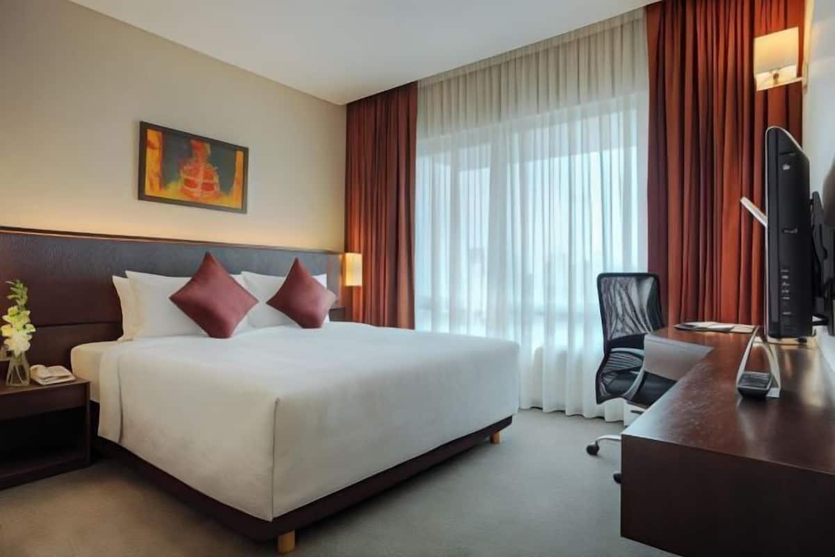 In-room safe, desk, laptop workspace, blackout curtains