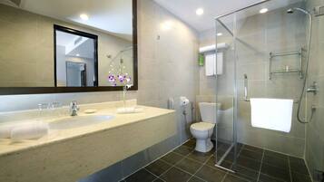A modern bathroom with a large sink, toilet, and glass shower enclosure.