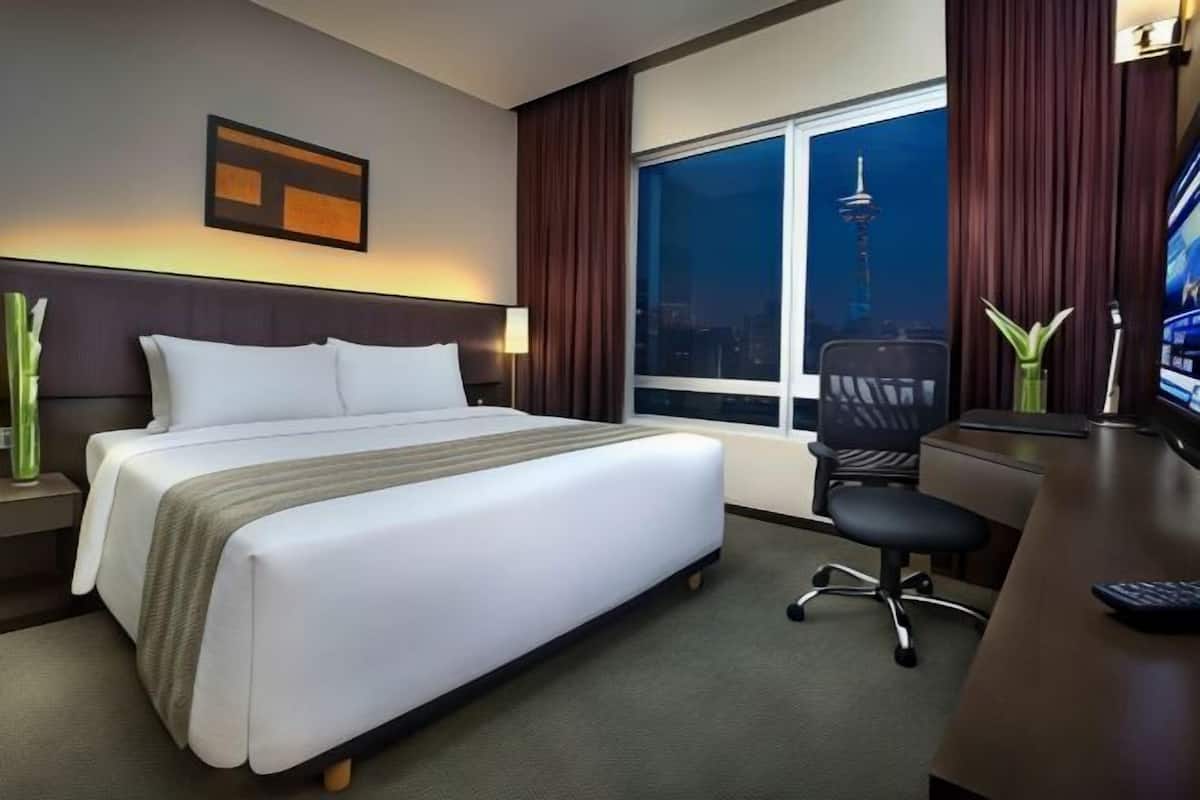 In-room safe, desk, laptop workspace, blackout curtains
