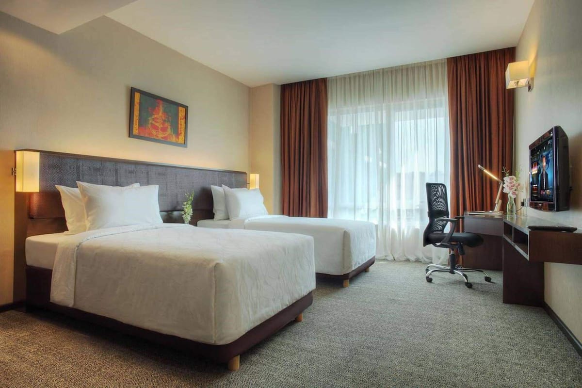 In-room safe, desk, laptop workspace, blackout curtains