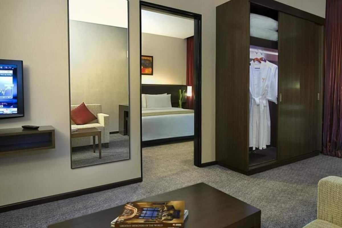 In-room safe, desk, laptop workspace, blackout curtains