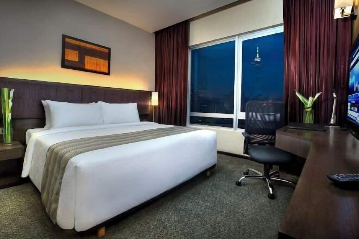 In-room safe, desk, laptop workspace, blackout curtains