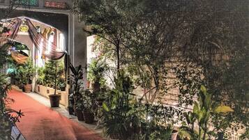 A pathway lined with potted plants leading to a building entrance with a red carpet.