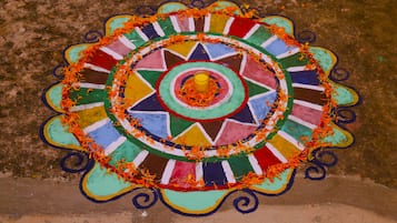 Un colorido diseño de rangoli sobre una superficie de concreto.