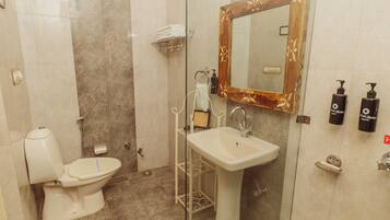 Une salle de bain équipée de toilettes, d’un lavabo, d’une douche et d’un miroir.