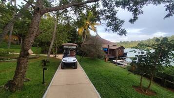 A golf cart on a paved path leading to a building with a thatched roof, surrounded by lush greenery and a body of water.