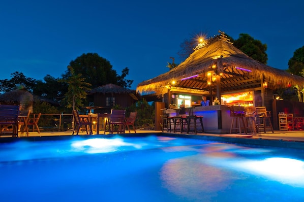 Outdoor pool, pool umbrellas, pool loungers