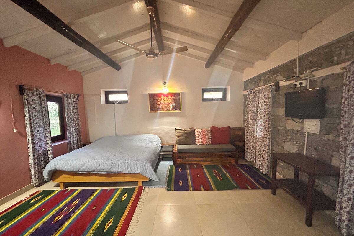 A bedroom with a bed, a bench, a TV, and a patterned rug.