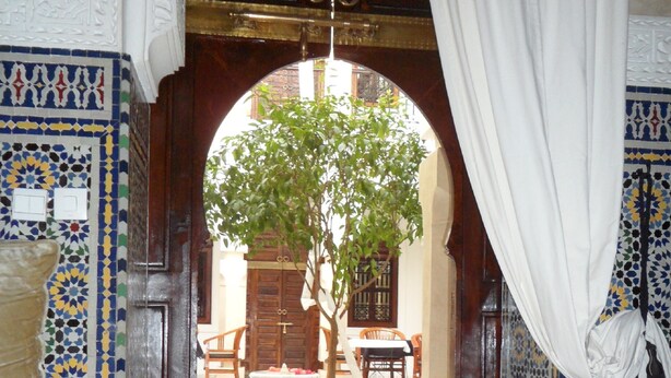 Ein Innenhof mit Baum, Brunnen und Essbereich.
