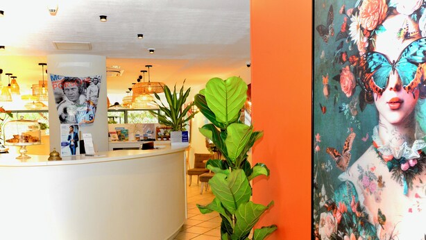 A reception area with a white counter, a large poster of a woman with butterflies, and a tall green plant.