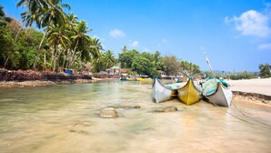 A beach with boats and palm trees. - Radisson Blu Resort Goa Cavelossim Beach (Cavelossim)