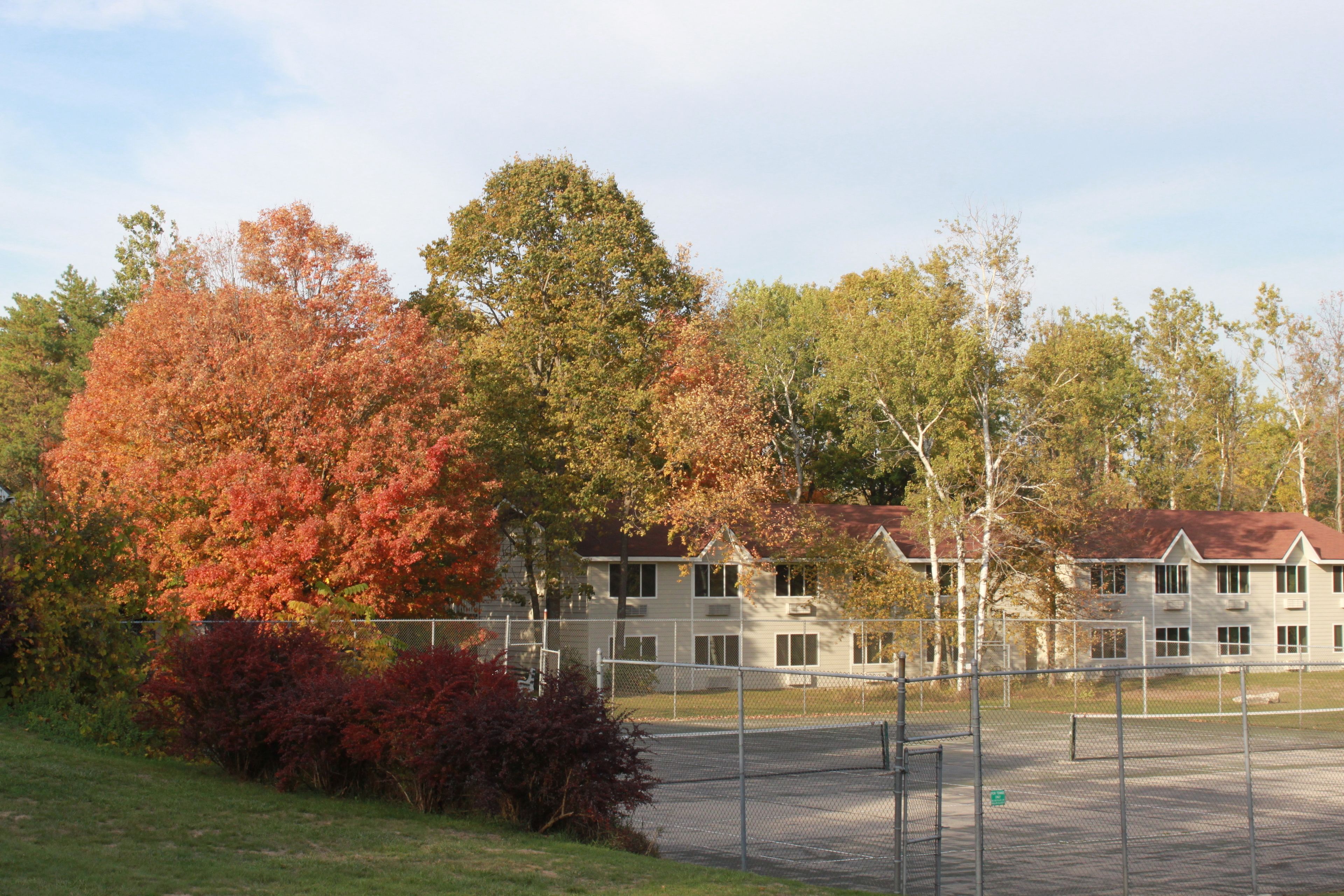 A fenced tennis court area with a building in the background.