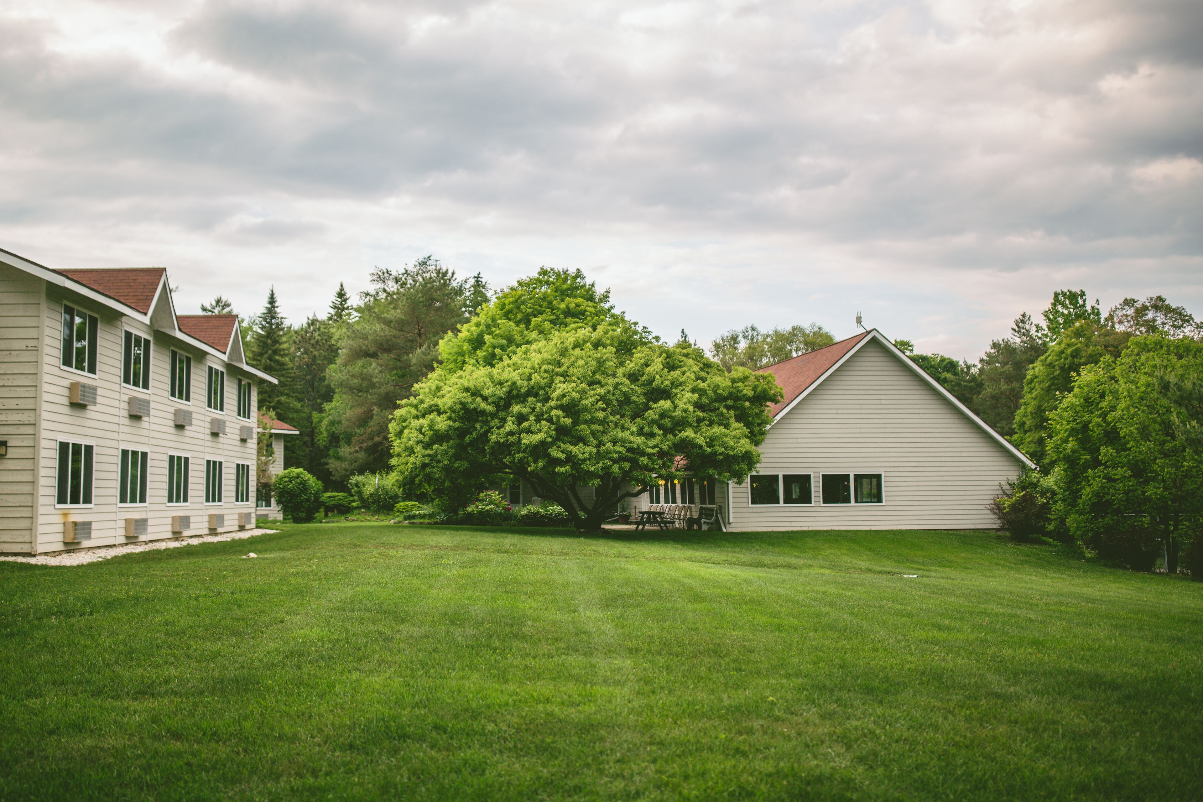 A large, single-story house with a well-maintained lawn and a large tree in front.