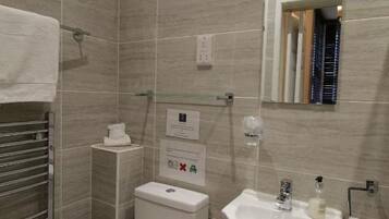 A modern bathroom with a toilet, sink, and mirror.