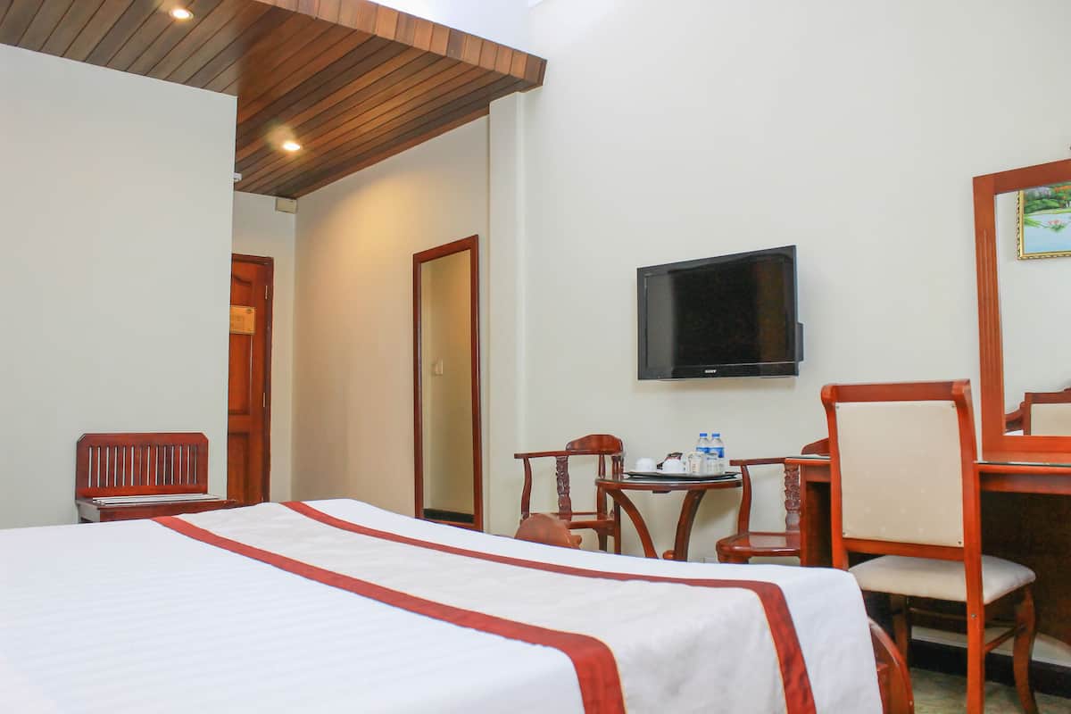 A hotel room with a bed, a television, a desk with a chair, and a mirror.